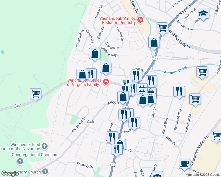 map of restaurants, bars, coffee shops, grocery stores, and more near 629 Cedar Creek Grade in Winchester