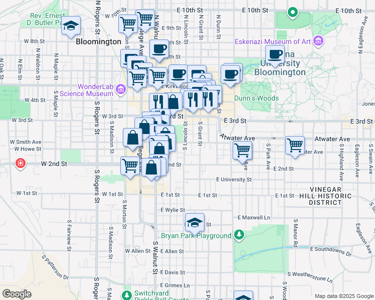 map of restaurants, bars, coffee shops, grocery stores, and more near 407 South Lincoln Street in Bloomington