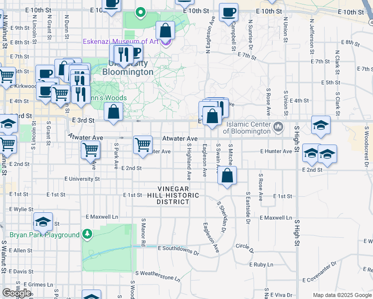 map of restaurants, bars, coffee shops, grocery stores, and more near 1216 East Hunter Avenue in Bloomington