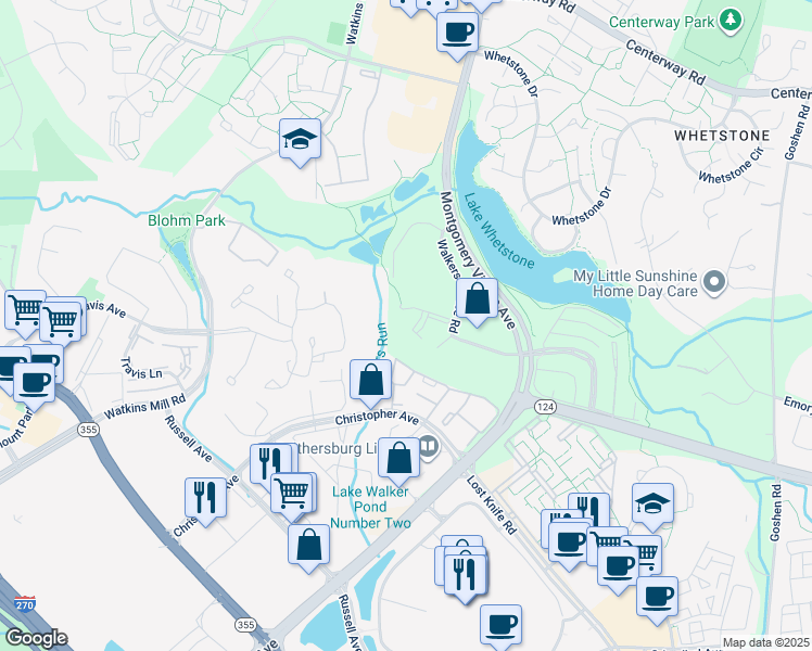 map of restaurants, bars, coffee shops, grocery stores, and more near 9920 Walker House Road in Montgomery Village