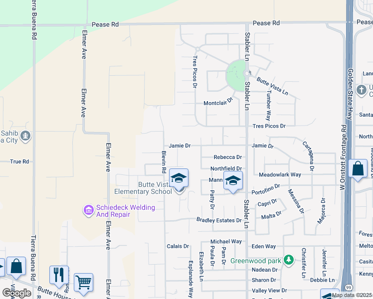 map of restaurants, bars, coffee shops, grocery stores, and more near 1796 Jamie Drive in Yuba City