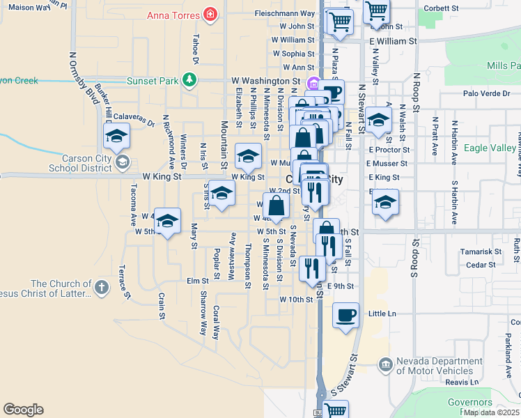 map of restaurants, bars, coffee shops, grocery stores, and more near 304 South Minnesota Street in Carson City