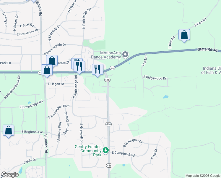 map of restaurants, bars, coffee shops, grocery stores, and more near 4500 Falls Creek Drive in Bloomington