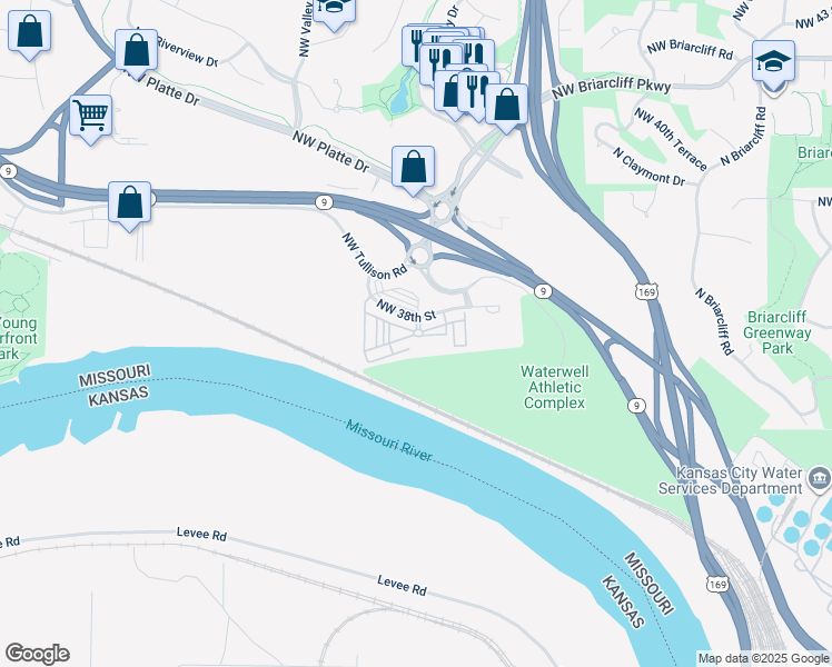 map of restaurants, bars, coffee shops, grocery stores, and more near 1601 Northwest 38th Street in Kansas City