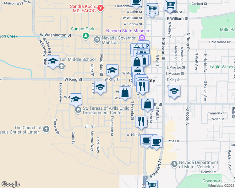 map of restaurants, bars, coffee shops, grocery stores, and more near 304 South Minnesota Street in Carson City