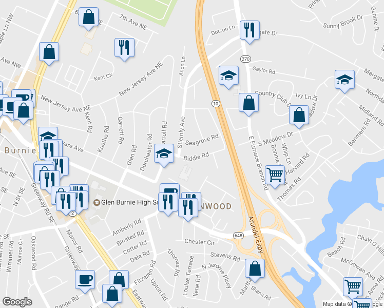 map of restaurants, bars, coffee shops, grocery stores, and more near 706 Biddle Road in Glen Burnie