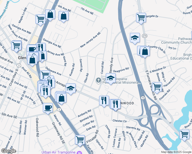 map of restaurants, bars, coffee shops, grocery stores, and more near 115 Dorchester Road in Glen Burnie
