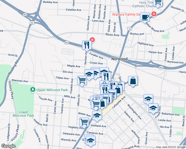 map of restaurants, bars, coffee shops, grocery stores, and more near 2030 Elm Avenue in Cincinnati