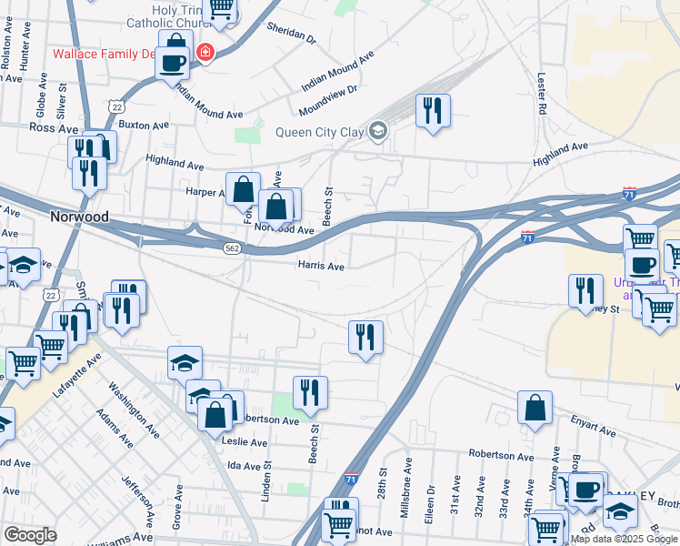map of restaurants, bars, coffee shops, grocery stores, and more near 2701 Harris Avenue in Cincinnati