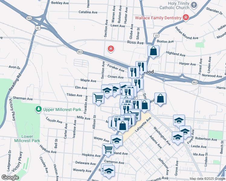 map of restaurants, bars, coffee shops, grocery stores, and more near 2030 Elm Avenue in Cincinnati