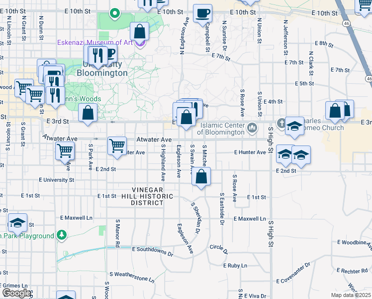 map of restaurants, bars, coffee shops, grocery stores, and more near 500 South Swain Avenue in Bloomington
