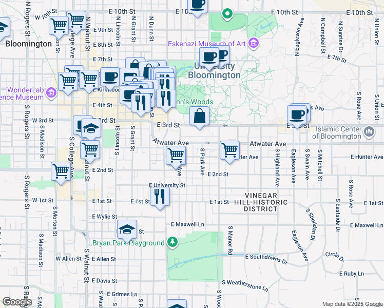 map of restaurants, bars, coffee shops, grocery stores, and more near 726 East Hunter Avenue in Bloomington