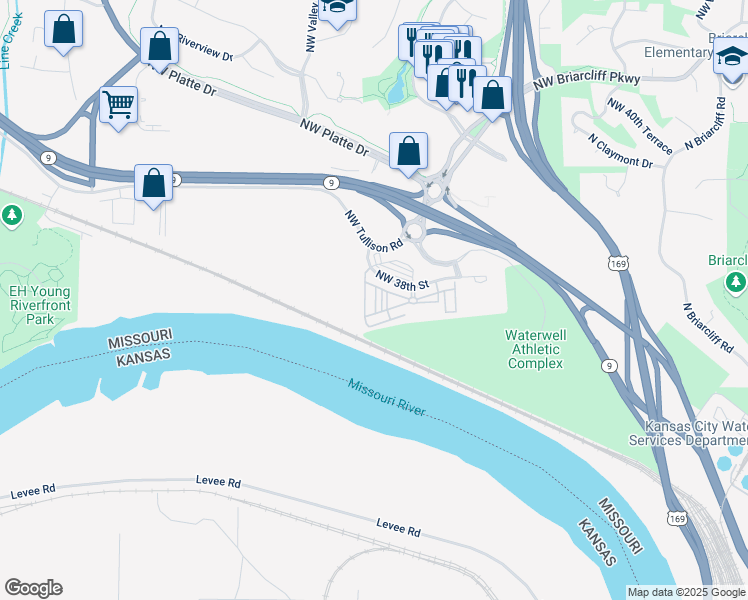 map of restaurants, bars, coffee shops, grocery stores, and more near 1851 Northwest 38th Street in Kansas City