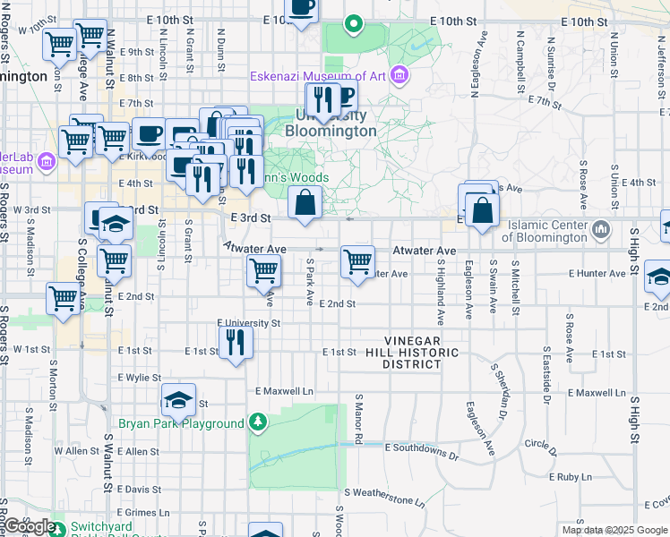 map of restaurants, bars, coffee shops, grocery stores, and more near 822 East Hunter Avenue in Bloomington