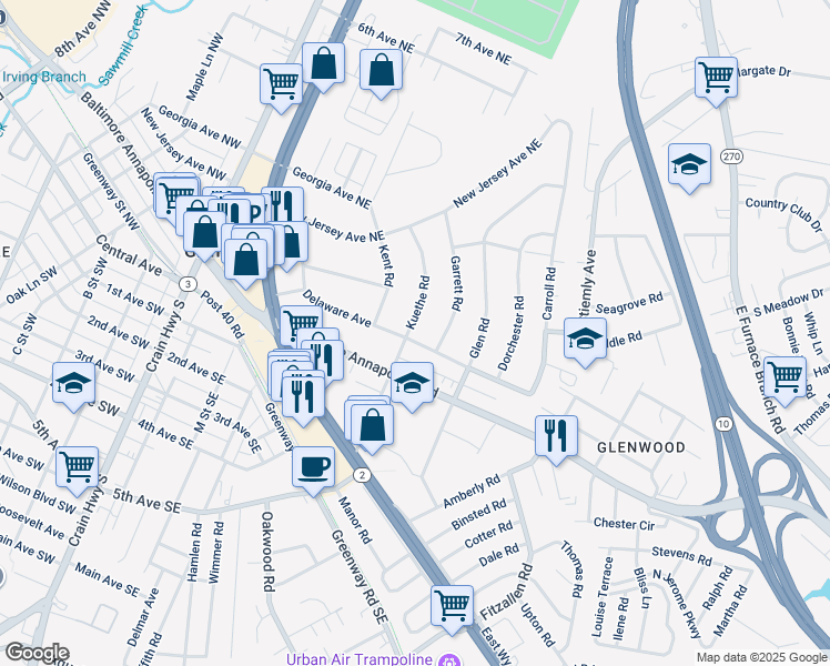 map of restaurants, bars, coffee shops, grocery stores, and more near 101 Kuethe Road in Glen Burnie