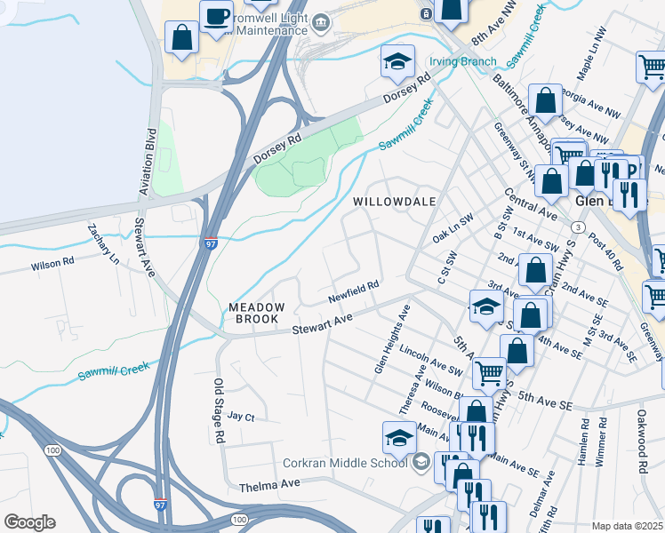 map of restaurants, bars, coffee shops, grocery stores, and more near 420 Lincoln Avenue Southwest in Glen Burnie