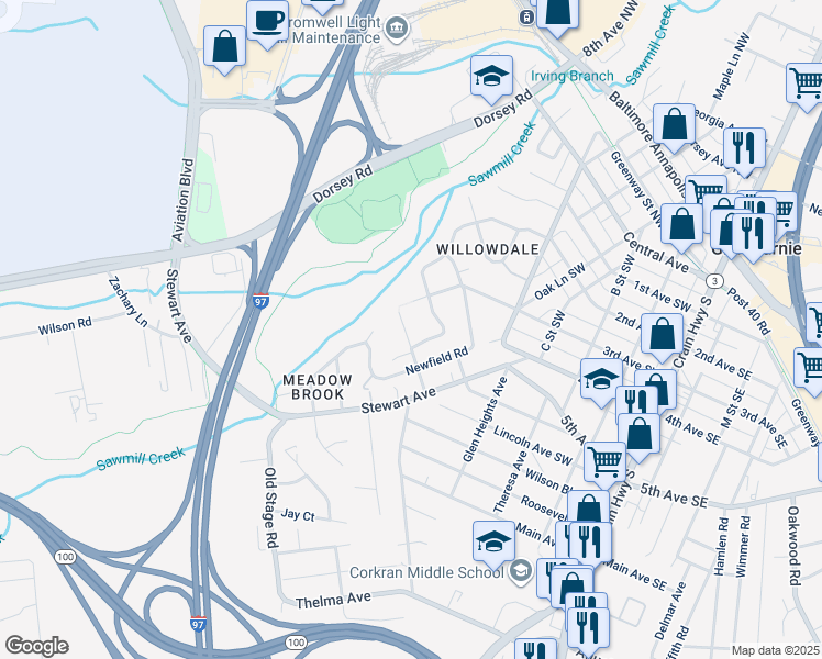 map of restaurants, bars, coffee shops, grocery stores, and more near 420 Lincoln Avenue Southwest in Glen Burnie