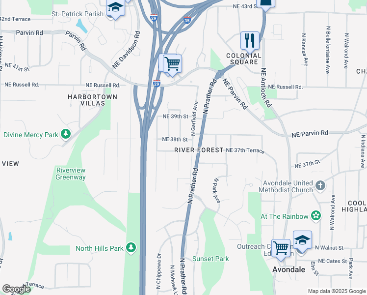 map of restaurants, bars, coffee shops, grocery stores, and more near 2010 Northeast 37th Terrace in Kansas City