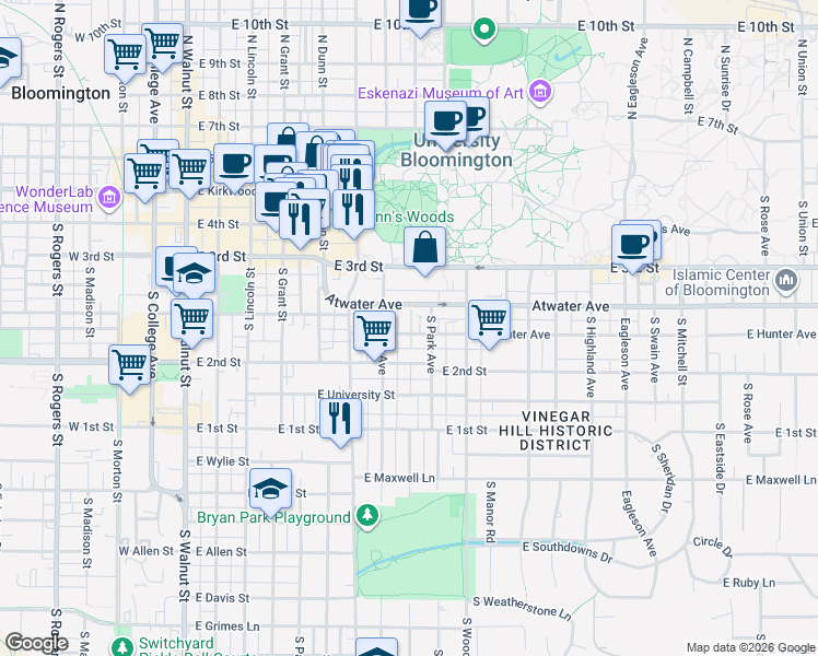 map of restaurants, bars, coffee shops, grocery stores, and more near 726 East Hunter Avenue in Bloomington