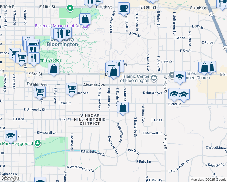 map of restaurants, bars, coffee shops, grocery stores, and more near 500 South Swain Avenue in Bloomington