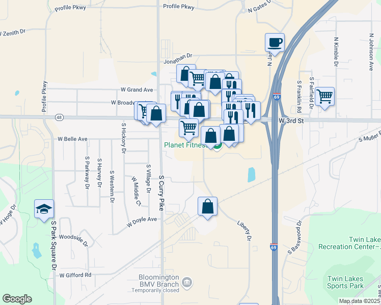map of restaurants, bars, coffee shops, grocery stores, and more near 500 Liberty Drive in Bloomington