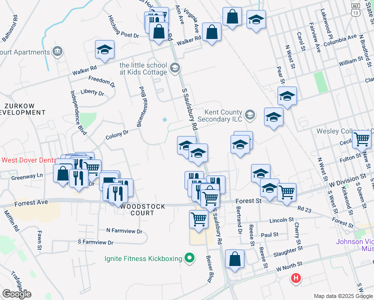 map of restaurants, bars, coffee shops, grocery stores, and more near 150 Saulsbury Road in Dover