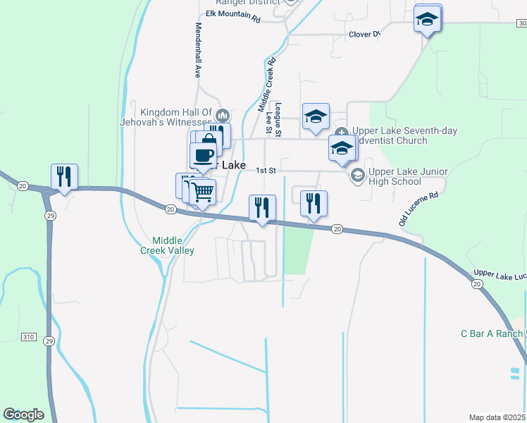 map of restaurants, bars, coffee shops, grocery stores, and more near 490 East Highway 20 in Upper Lake