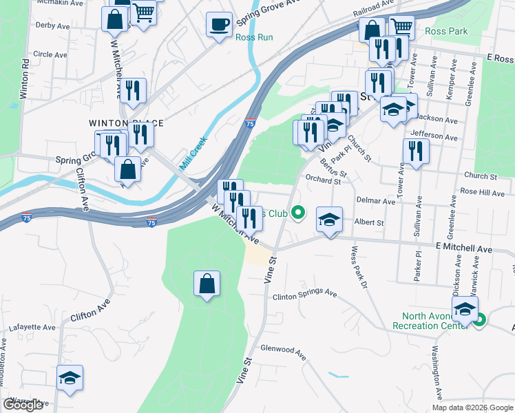 map of restaurants, bars, coffee shops, grocery stores, and more near 40 Wuest Street in Cincinnati