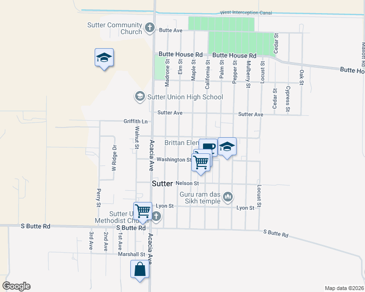 map of restaurants, bars, coffee shops, grocery stores, and more near 2332 Maple Street in Sutter