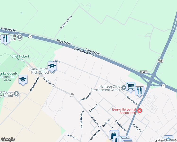map of restaurants, bars, coffee shops, grocery stores, and more near 528 Mosby Boulevard in Berryville
