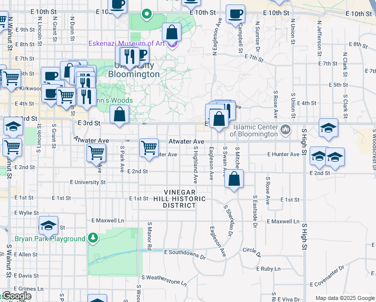 map of restaurants, bars, coffee shops, grocery stores, and more near 1216 East Hunter Avenue in Bloomington