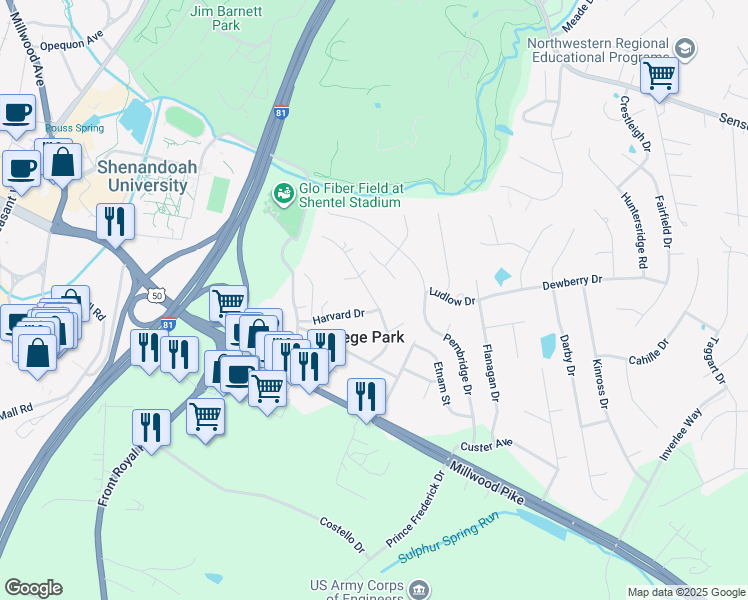 map of restaurants, bars, coffee shops, grocery stores, and more near Yale Drive in Winchester