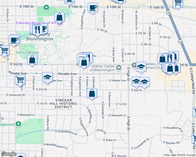 map of restaurants, bars, coffee shops, grocery stores, and more near 501 South Mitchell Street in Bloomington