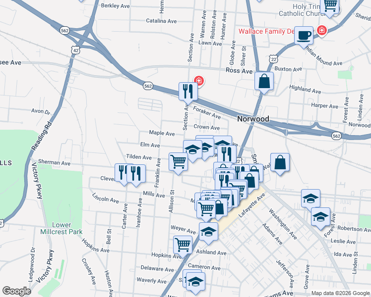 map of restaurants, bars, coffee shops, grocery stores, and more near 4648 Allison Street in Cincinnati