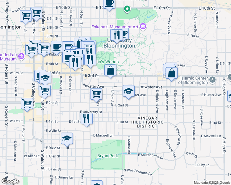 map of restaurants, bars, coffee shops, grocery stores, and more near 822 East Hunter Avenue in Bloomington