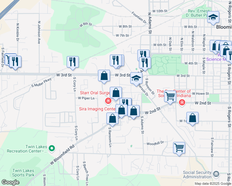 map of restaurants, bars, coffee shops, grocery stores, and more near 451-799 S Landmark Ave in Bloomington