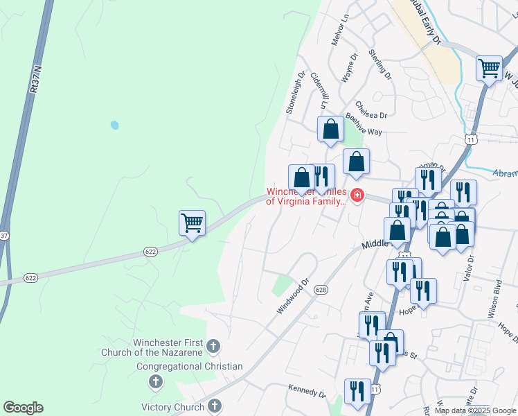 map of restaurants, bars, coffee shops, grocery stores, and more near 949 Cedar Creek Grade in Winchester
