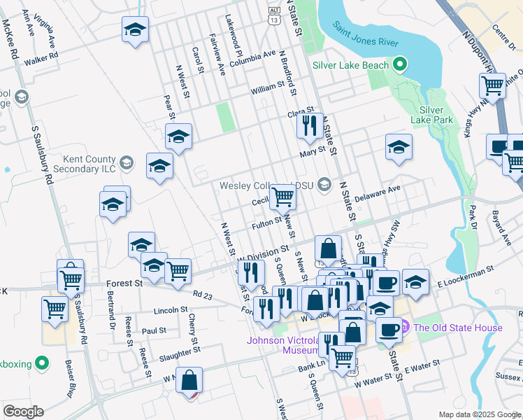 map of restaurants, bars, coffee shops, grocery stores, and more near 130 North Queen Street in Dover