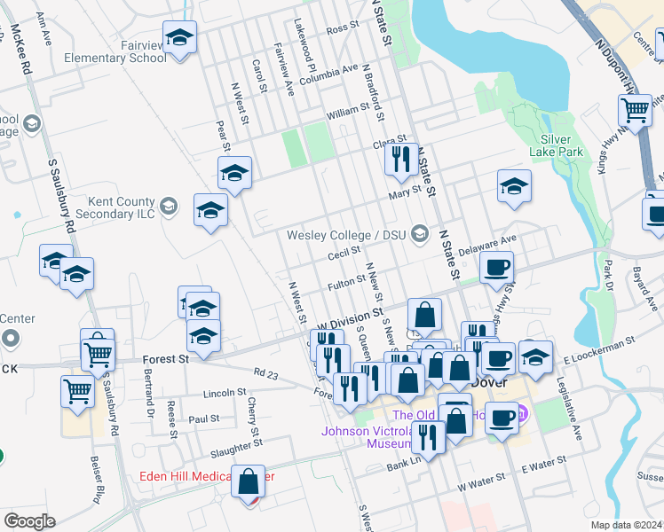 map of restaurants, bars, coffee shops, grocery stores, and more near 130 North Queen Street in Dover