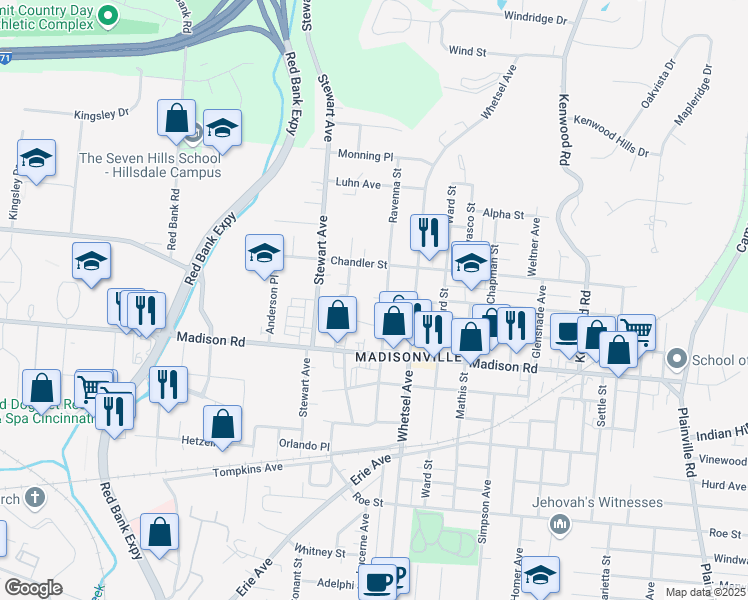 map of restaurants, bars, coffee shops, grocery stores, and more near 5109 Ravenna Street in Cincinnati
