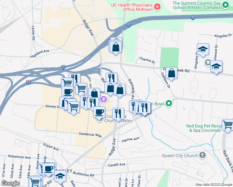 map of restaurants, bars, coffee shops, grocery stores, and more near 3401 Alamo Avenue in Cincinnati