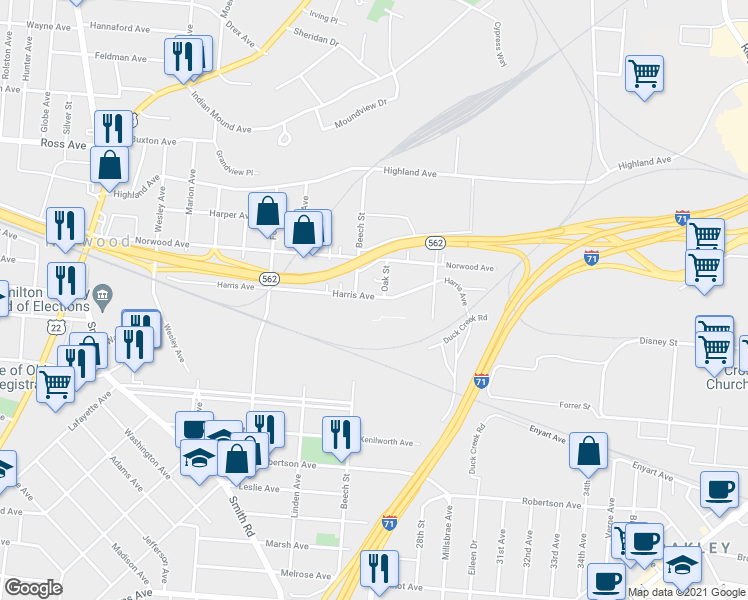 map of restaurants, bars, coffee shops, grocery stores, and more near 2701 Harris Avenue in Cincinnati
