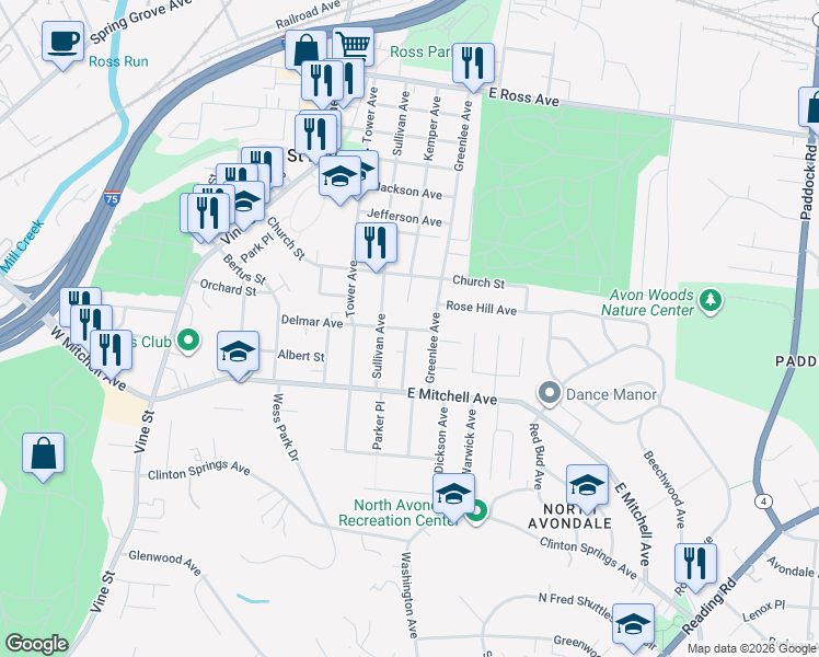 map of restaurants, bars, coffee shops, grocery stores, and more near 4239 Langley Avenue in Cincinnati