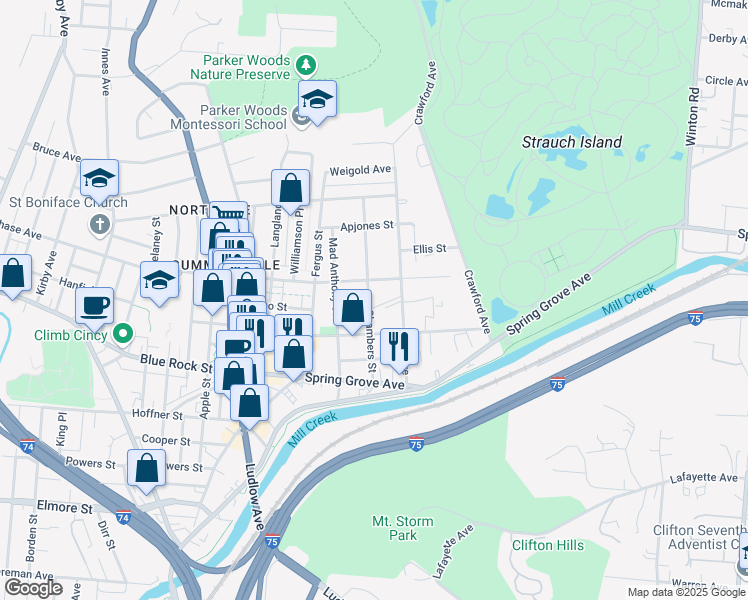 map of restaurants, bars, coffee shops, grocery stores, and more near 4152 Chambers Street in Cincinnati