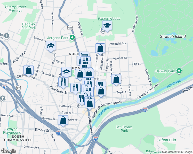 map of restaurants, bars, coffee shops, grocery stores, and more near 4135 Langland Street in Cincinnati