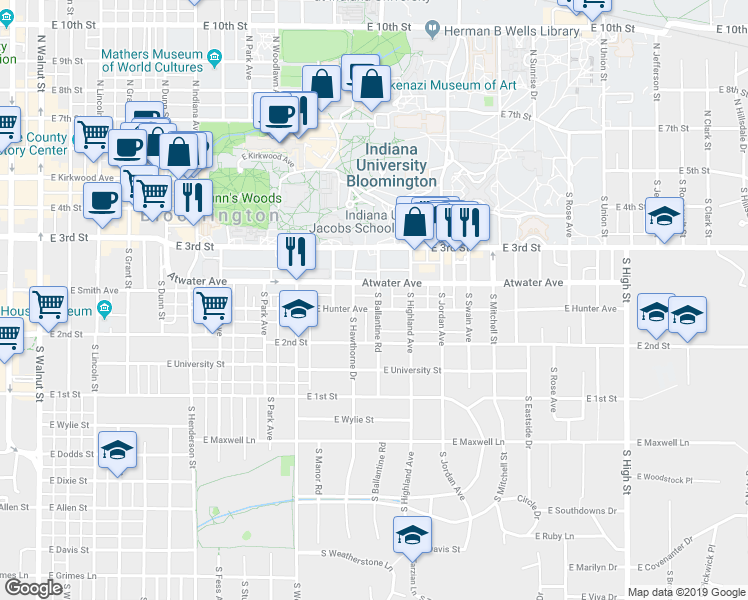 map of restaurants, bars, coffee shops, grocery stores, and more near 501 South Hawthorne Drive in Bloomington