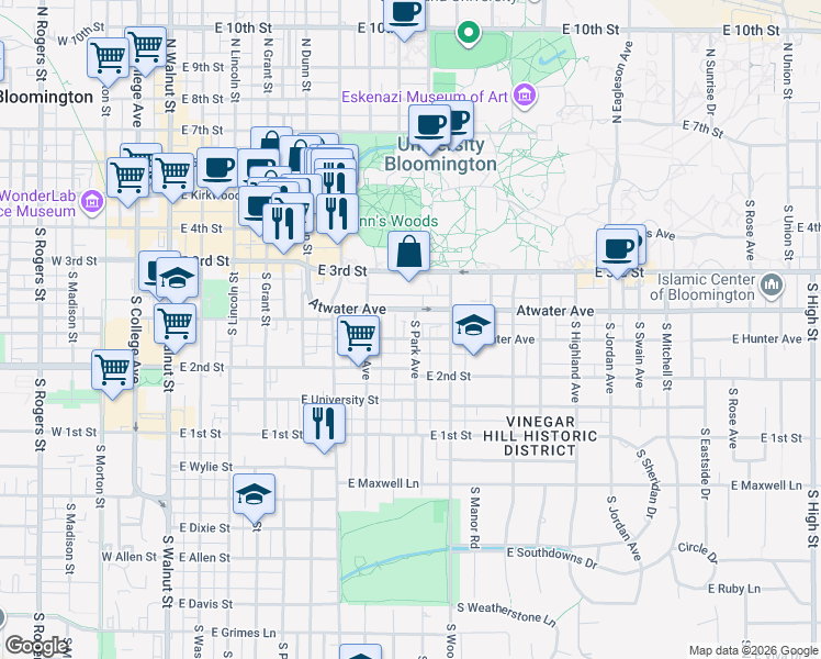 map of restaurants, bars, coffee shops, grocery stores, and more near 726 East Hunter Avenue in Bloomington