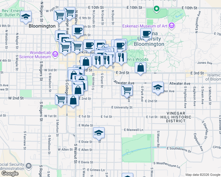 map of restaurants, bars, coffee shops, grocery stores, and more near 430 South Dunn Street in Bloomington
