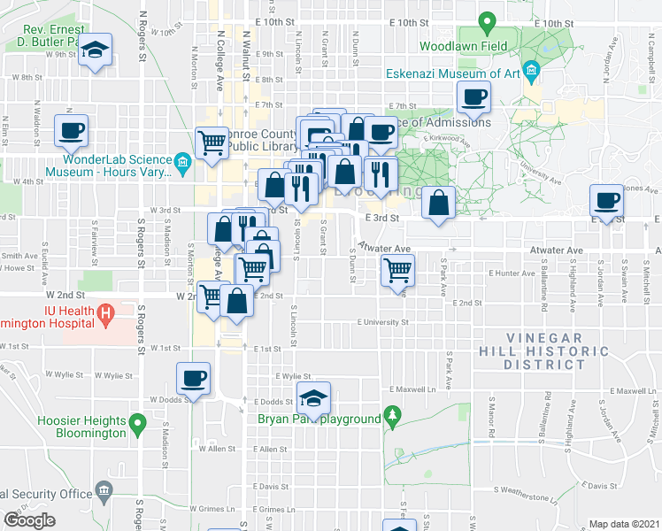 map of restaurants, bars, coffee shops, grocery stores, and more near 430 South Dunn Street in Bloomington