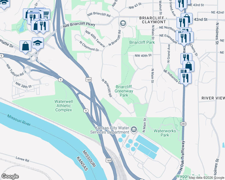 map of restaurants, bars, coffee shops, grocery stores, and more near 3719 North Briarcliff Road in Kansas City